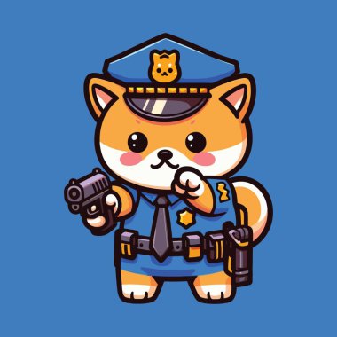 cute cartoon shiba inu animal dog police officer with a gun cartoon mascot vector illustration