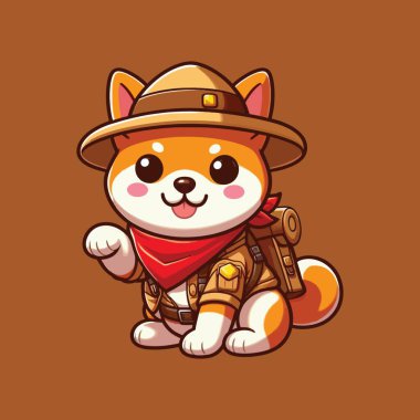 Cute Shiba Inu Dog Brown Traveller Explorer with Hat  cartoon mascot vector illustration