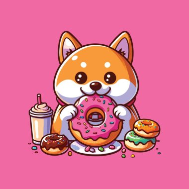 cute shiba inu dog eat pink donuts cartoon mascot vector illustration