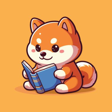  Cute Shiba Reading Book Blue Sitting Down Vector Cartoon Illustration