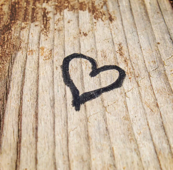 Heart Drawn Old Wooden Background Selective Focus Nature Stock Picture