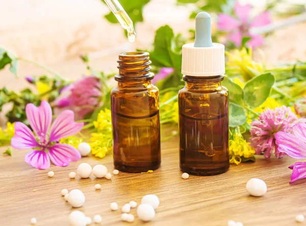 Medicinska Örter Oljor Små Flaskor Homeopati Selektivt Fokus Art Royaltyfria Stockfoton