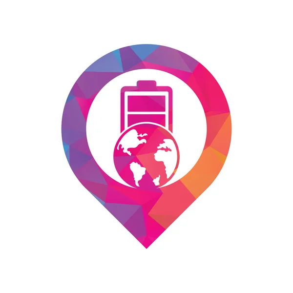 Globe Μπαταρία Χάρτη Pin Σχήμα Έννοια Λογότυπο Εικονίδιο Σχεδιασμό Πρότυπο — Διανυσματικό Αρχείο