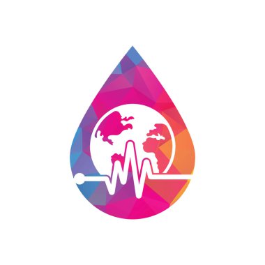 Pulse globe drop shape concept vector logo design icon. Earth globe icon with heart beat.