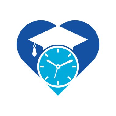Study time heart shape concept vector logo design. Graduation hat with clock icon design.