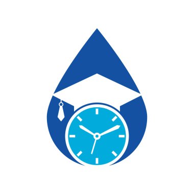 Study time drop shape concept vector logo design. Graduation hat with clock icon design.