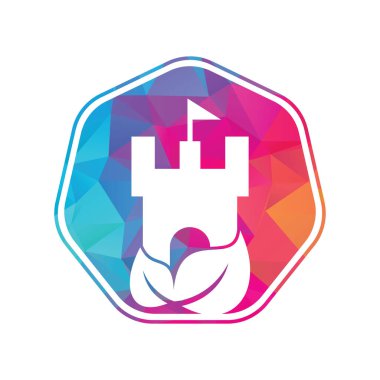 Yaprak ikonu vektör logosuna sahip kale. Doğa Kalesi logosu konsept vektörü tasarladı.