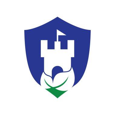 Yaprak ikonu vektör logosuna sahip kale. Doğa Kalesi logosu konsept vektörü tasarladı.