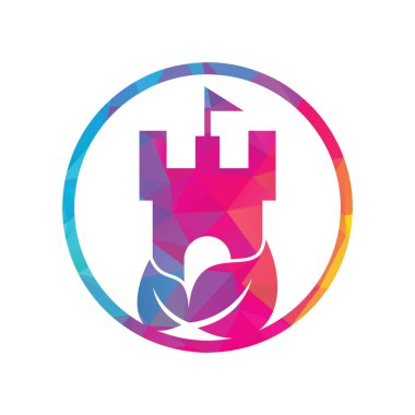 Yaprak ikonu vektör logosuna sahip kale. Doğa Kalesi logosu konsept vektörü tasarladı.