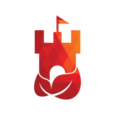 Yaprak ikonu vektör logosuna sahip kale. Doğa Kalesi logosu konsept vektörü tasarladı.