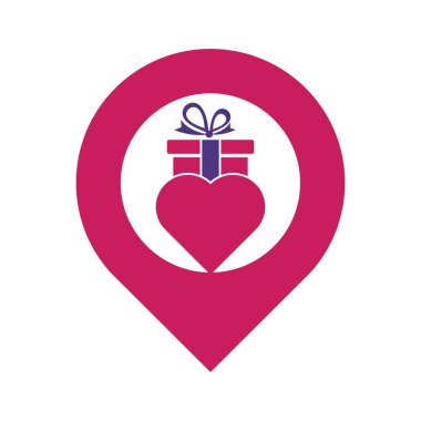 Love Gift GPS biçimli Logo Vektörü Sembol Simgesi Tasarımı. Kalp hediyesi logo vektör simgesi.