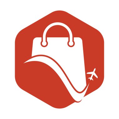 Seyahat dükkanı logo vektör şablonu. Dükkan ve uçak logosu. Satış ve seyahat sembolü veya simgesi.