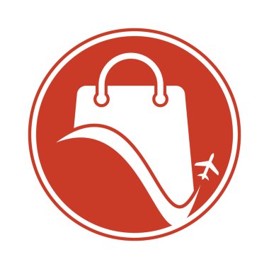 Seyahat dükkanı logo vektör şablonu. Dükkan ve uçak logosu. Satış ve seyahat sembolü veya simgesi.
