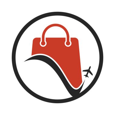 Seyahat dükkanı logo vektör şablonu. Dükkan ve uçak logosu. Satış ve seyahat sembolü veya simgesi.
