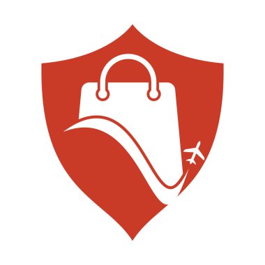 Seyahat dükkanı logo vektör şablonu. Dükkan ve uçak logosu. Satış ve seyahat sembolü veya simgesi.