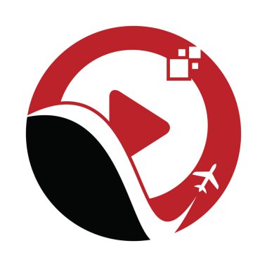 Uçak çalma düğmesi logosu tasarımı. Uçak ve kayıt sembolü veya simgesi. Seyahat ortamı logo tasarım vektörü.