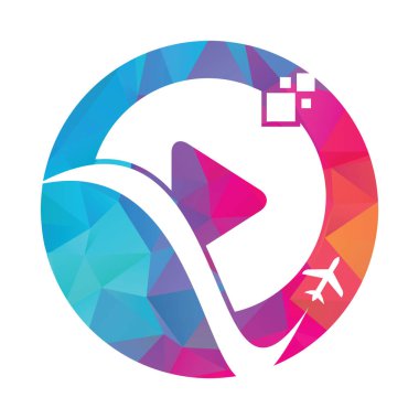 Uçak çalma düğmesi logosu tasarımı. Uçak ve kayıt sembolü veya simgesi. Seyahat ortamı logo tasarım vektörü.