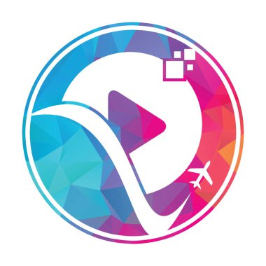 Uçak çalma düğmesi logosu tasarımı. Uçak ve kayıt sembolü veya simgesi. Seyahat ortamı logo tasarım vektörü.