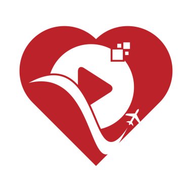 Uçak çalma düğmesi logosu tasarımı. Uçak ve kayıt sembolü veya simgesi. Seyahat ortamı kalp şekli logo tasarım vektörü.