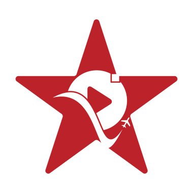 Uçak çalma düğmesi logosu tasarımı. Uçak ve kayıt sembolü veya simgesi. Seyahat ortamı yıldız şekli logo tasarım vektörü.
