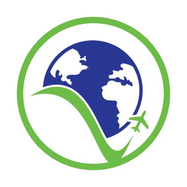 Dünya seyahati logo tasarımı ikon vektörü. Uçak ve dünya sembolü veya simgesi.