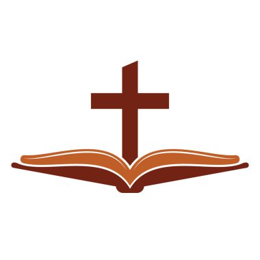 Kitap kilisesi logo tasarımı ikonu. İncil Kilisesi logo tasarım vektörü. Haç ve Kutsal İncil logosu.