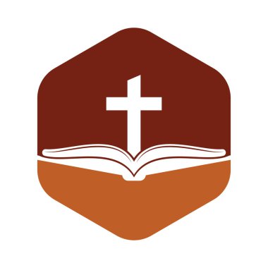 Kitap kilisesi logo tasarımı ikonu. İncil Kilisesi logo tasarım vektörü. Haç ve Kutsal İncil logosu.