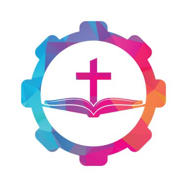 Kilise teçhizatı şekilli konsept logo tasarımı ikonu. İncil Kilisesi logo tasarım vektörü. Haç ve Kutsal İncil logosu.