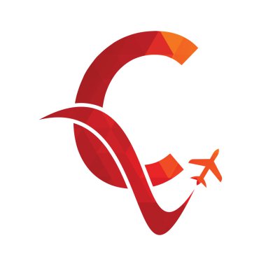 C Harfi Hava Seyahat Logosu Tasarım Şablonu. C harfi ve düzlem logo tasarımı vektörü.