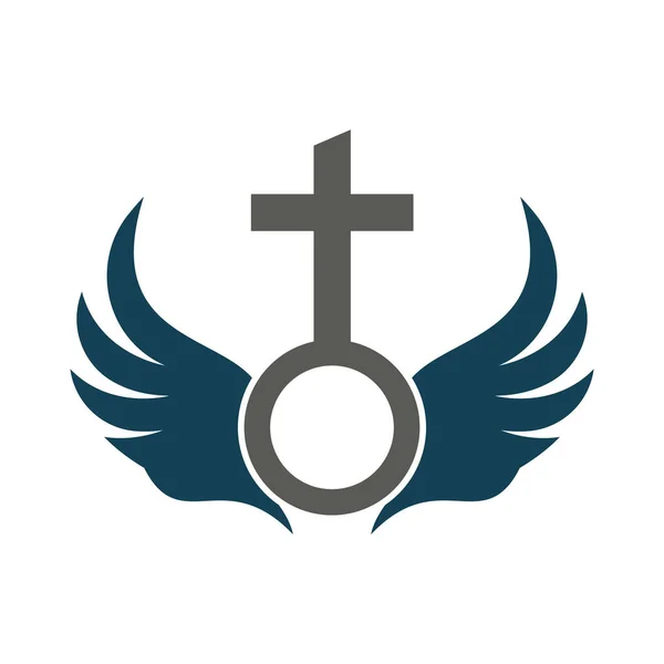 教堂的标志圣经 耶稣的十字架和天使的翅膀 翼型教堂树形标志设计图标 — 图库矢量图片