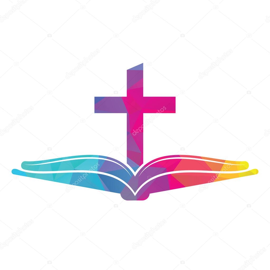 Book church logo design icon. Bible Church logo design vector. Cross and Holy Bible logo.
