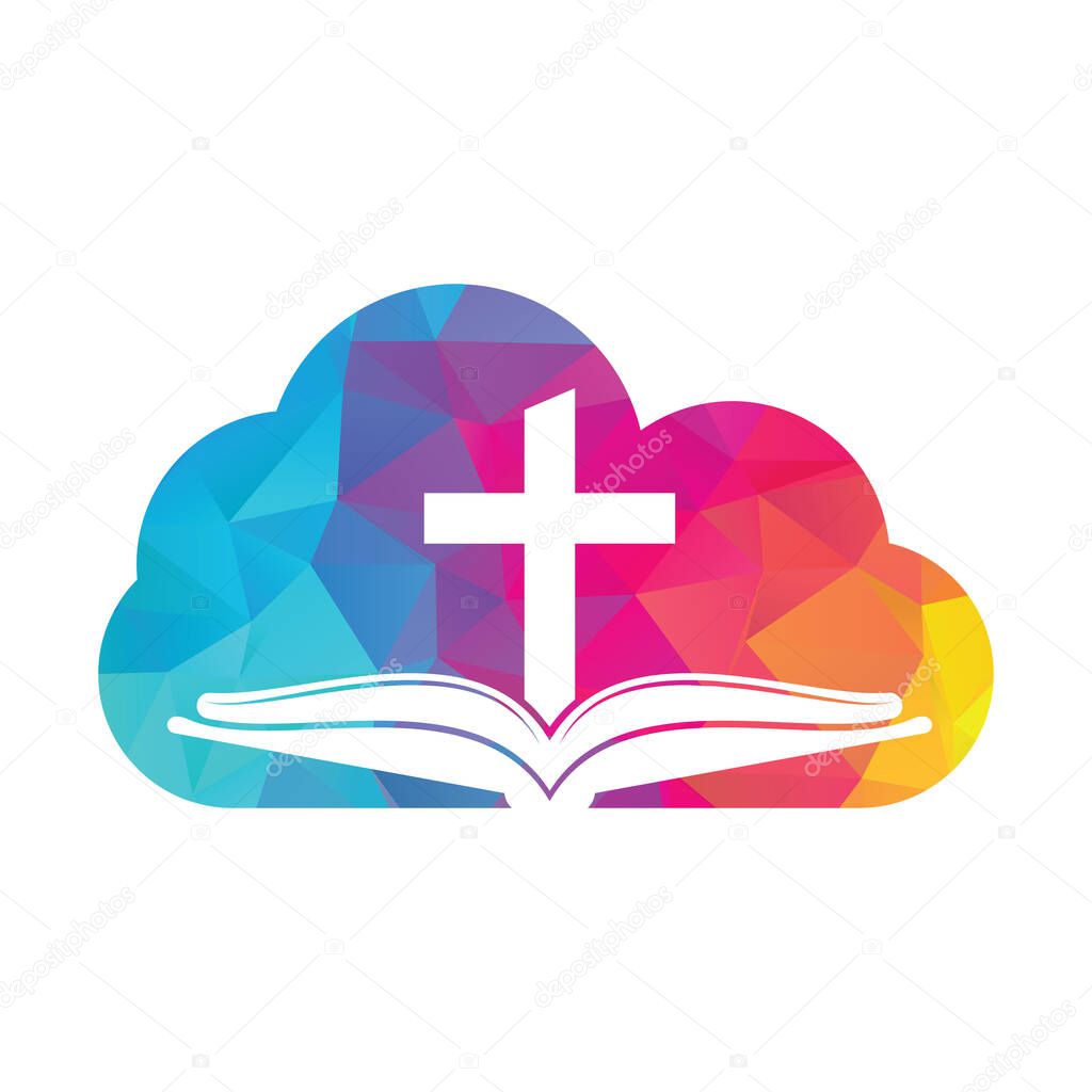 Book church cloud shape concept logo design icon. Bible Church logo design vector. Cross and Holy Bible logo.