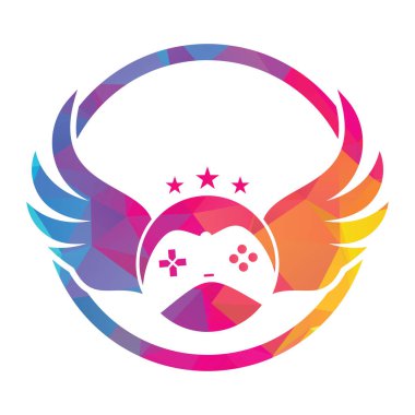 Joystick ve kanat vektör çizimi. Oyun yastığı ve kanat logosu tasarım ikonu vektörü. Uçan oyun logosu.