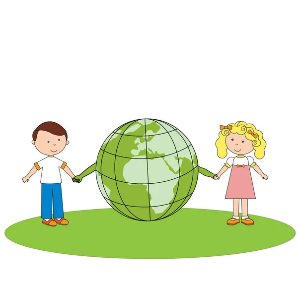 Children Globe Boy Girl Holding Hands Globe Concept Friendship Security — Stock Vector