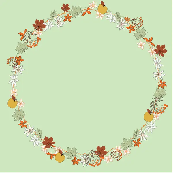 秋の葉と丸いフレーム ローワンとリンゴの枝 — ストックベクタ