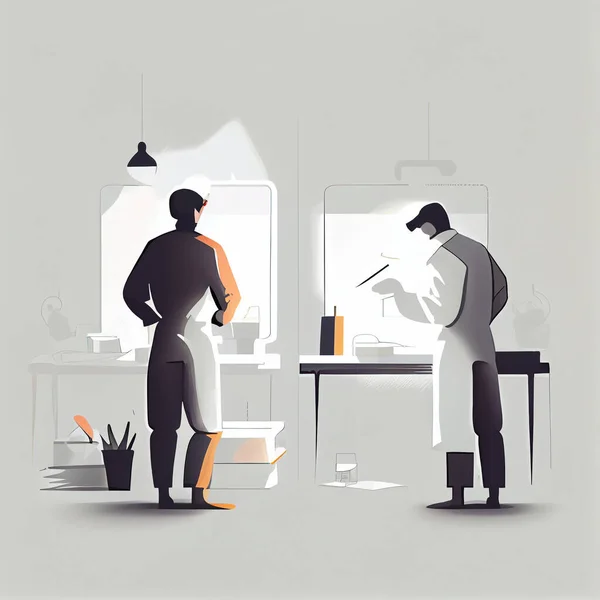 A researcher and a designer working together, minimal illustration
