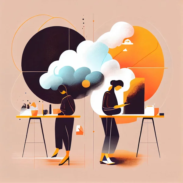 A researcher and a designer working together, minimal illustration