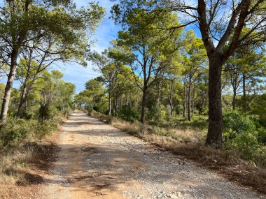 Katalunya 'daki L Estartit ve L Escala civarında Parc Natural del Montgr' den çakıl yolu.