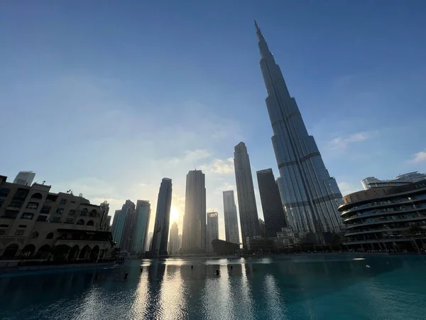 Wieża Burj Kalifa Podczas Zachodu Słońca Zjednoczonych Emiratach Arabskich — Zdjęcie stockowe