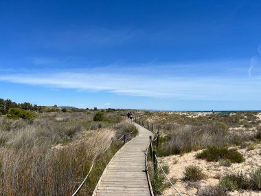 İspanya 'da Torredembarra çevresindeki El Muntanyalılar plajında sahil yürüyüşü