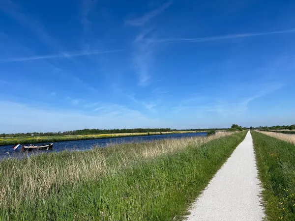 荷兰弗里斯兰的De Alde Feanen国家公园周围的自行车道 图库图片