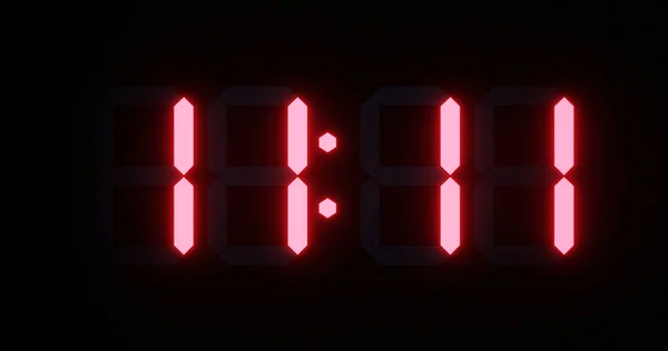 魔法の番号を表示する80年代レトロスタイルのデジタル時計の顔を閉じます11 11輝く赤の数字で 3Dレンダリング — ストック写真