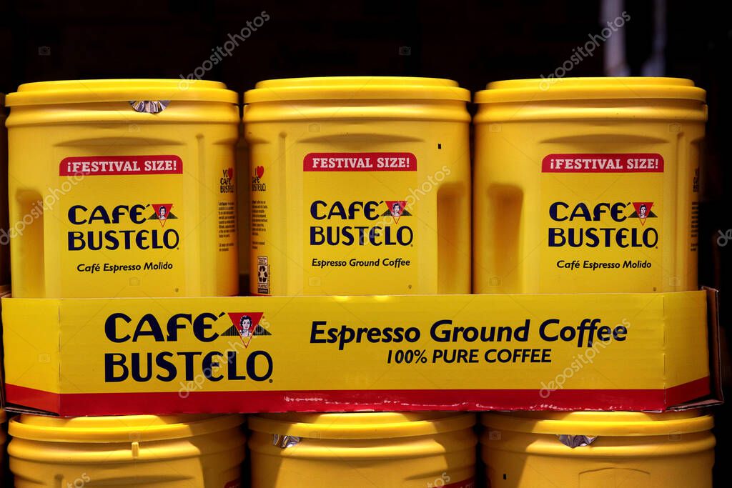 Honolulu, HI - December 20, 2022: Popular Latin American coffee brand Cafe Bustelo yellow bulk container on wholesale shelf
