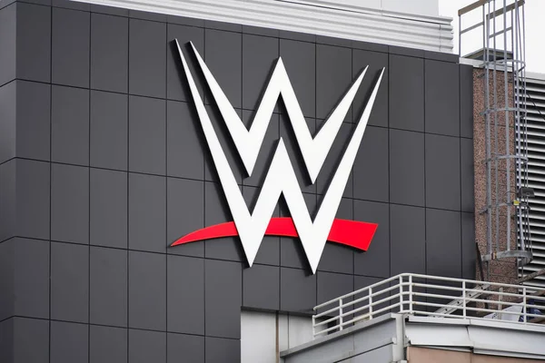 stock image Stamford, CT - April 7, 2023 : World Wrestling Entertainment, Inc. also known as WWE logo on corporate headquarters building in Connecticut.