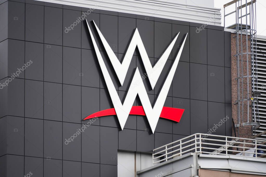 Stamford, CT - April 7, 2023 : World Wrestling Entertainment, Inc. also known as WWE logo on corporate headquarters building in Connecticut.