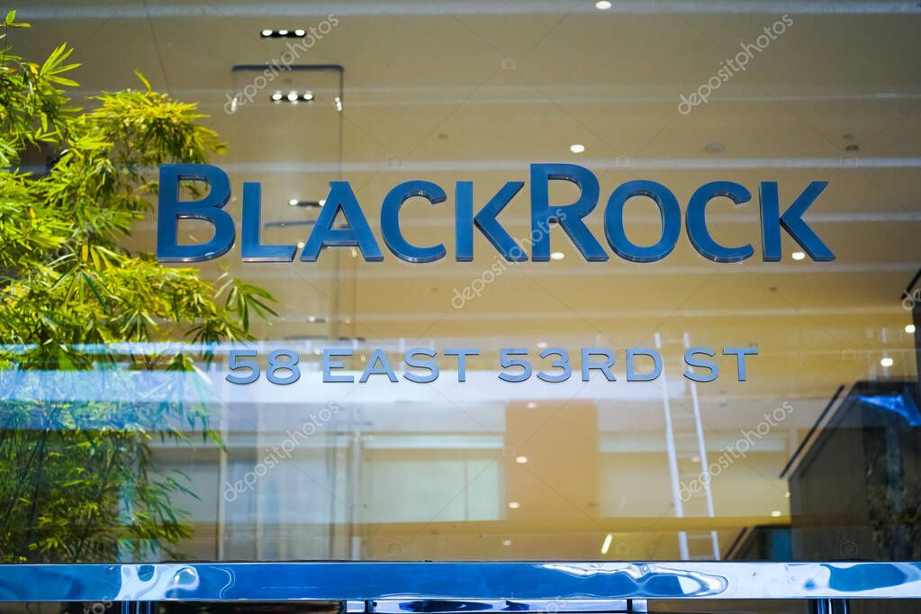 New York, NY - April 9, 2023 : Blackrock investment management office building entrance name logo at 53rd Street corporate headquarters in Midtown, Manhattan