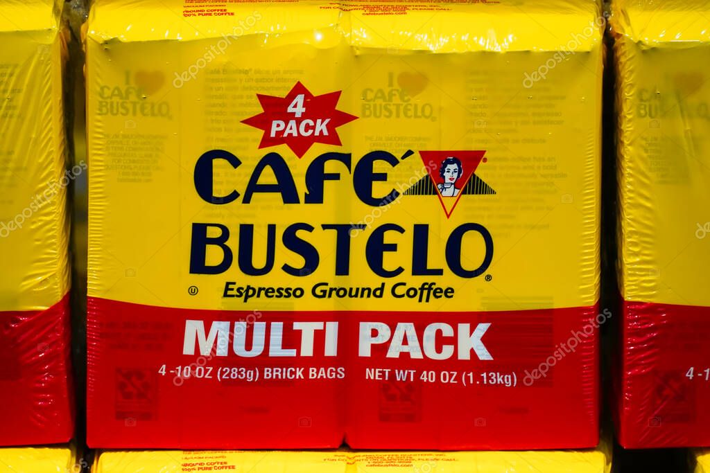 Bronx, NY - April 7, 2023 : Cafe Bustelo,  Popular Latin American coffee brand yellow bulk container on wholesale shelf