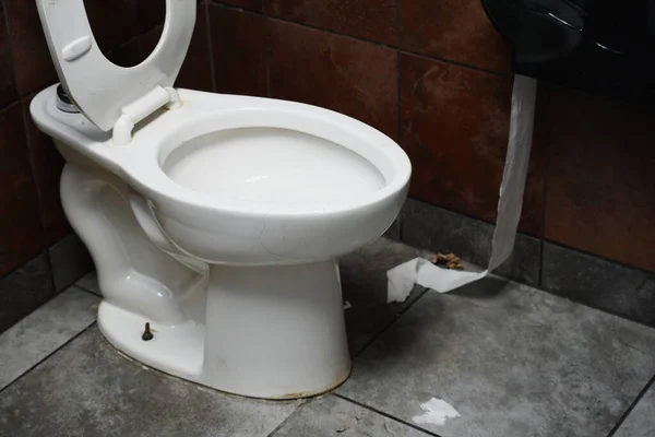黑暗及不洁净的公共厕所 马桶及厕纸 — 图库照片