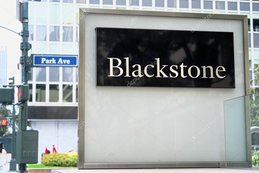 New York, NY - September 17, 2023: Blackstone Inc., American alternative investment management company's logo sign at corporate headquarters at 345 Park Avenue, New York City.