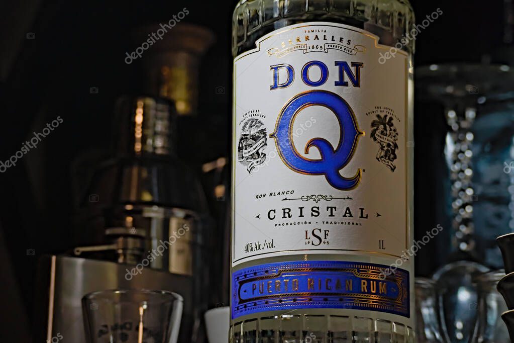 Bronx, NY - September 28, 2023: Don Q Cristal Puerto Rican rum bottle label close up on shelf.